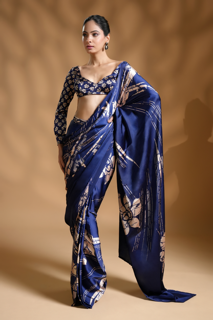 Premium Satin Blue Ready to Wear Saree and Blouse Fabric