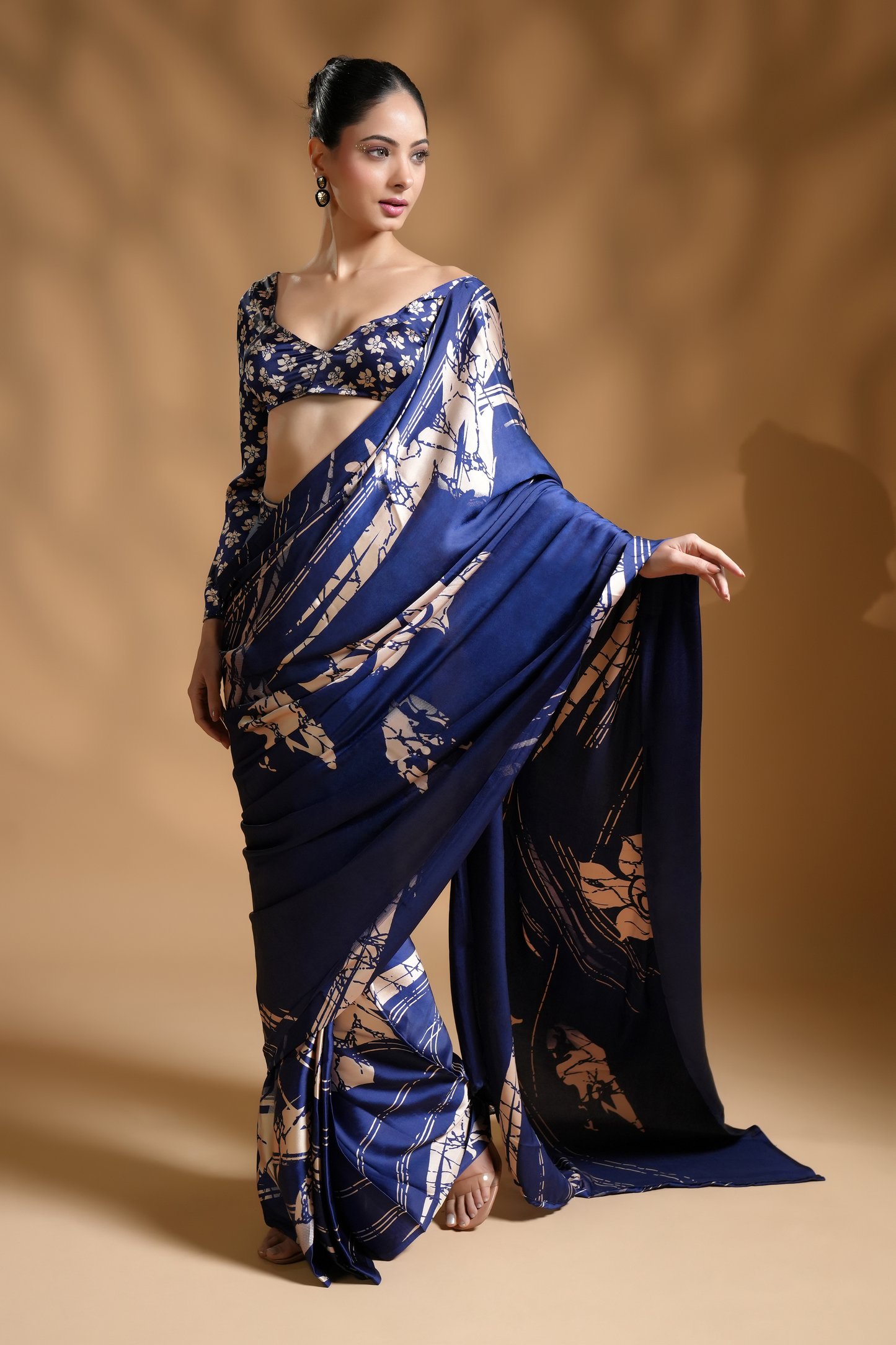 Premium Satin Blue Ready to Wear Saree and Blouse Fabric