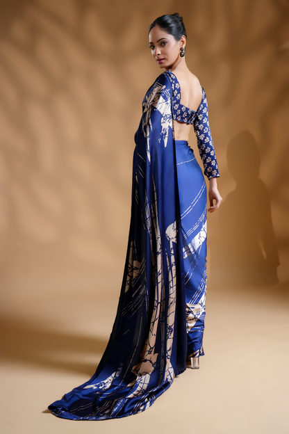 Premium Satin Blue Ready to Wear Saree and Blouse Fabric