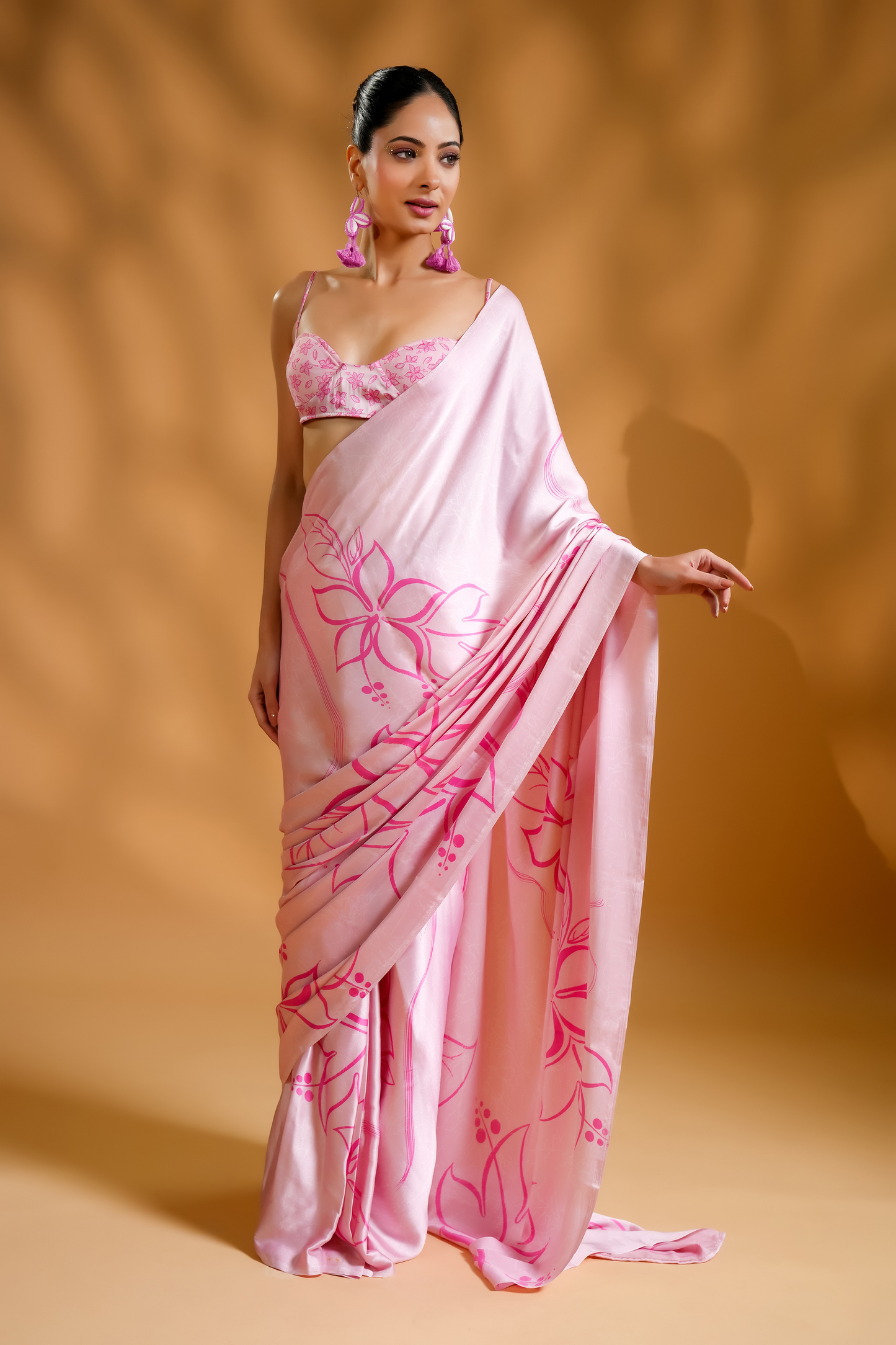 Luxe Premium Satin Pink Ready to Wear Saree and Blouse Fabric