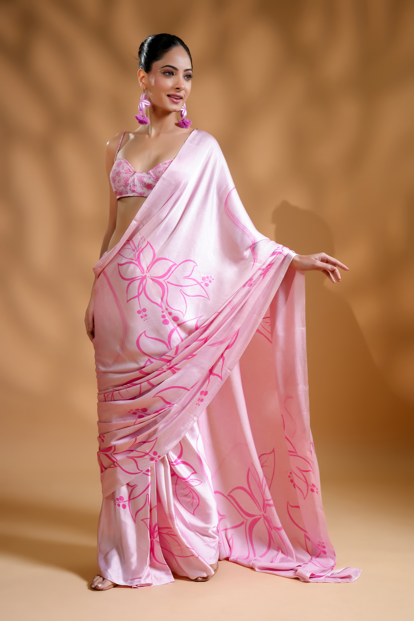 Luxe Premium Satin Pink Ready to Wear Saree and Blouse Fabric