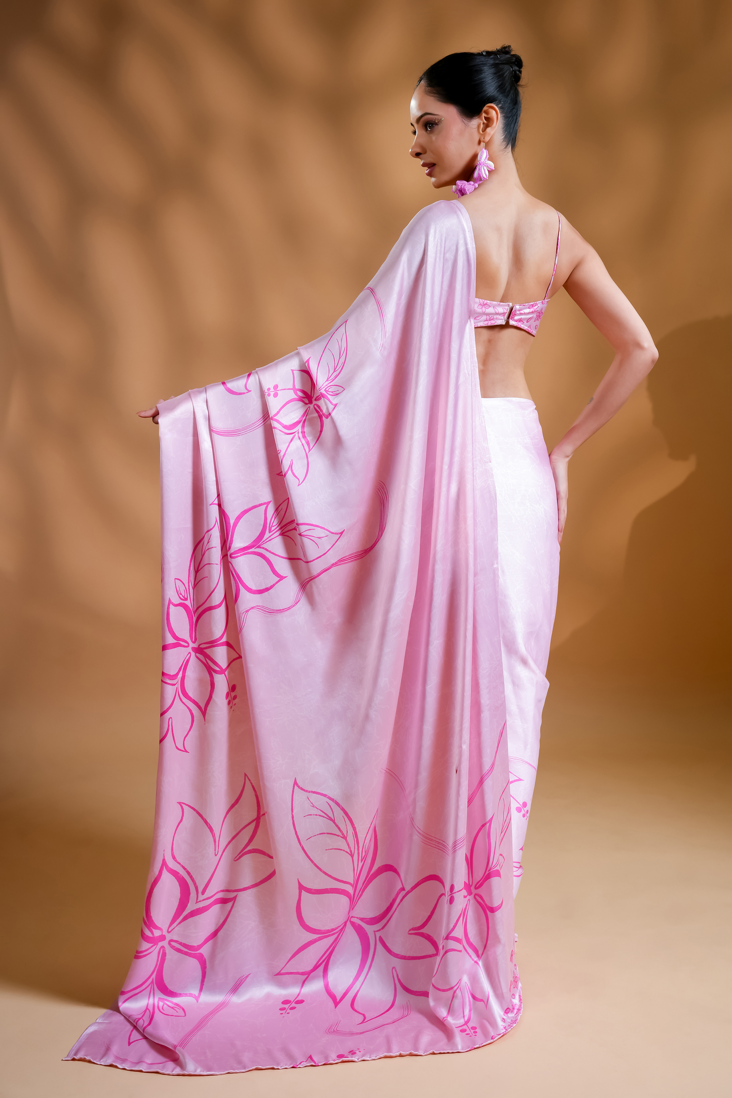 Luxe Premium Satin Pink Ready to Wear Saree and Blouse Fabric