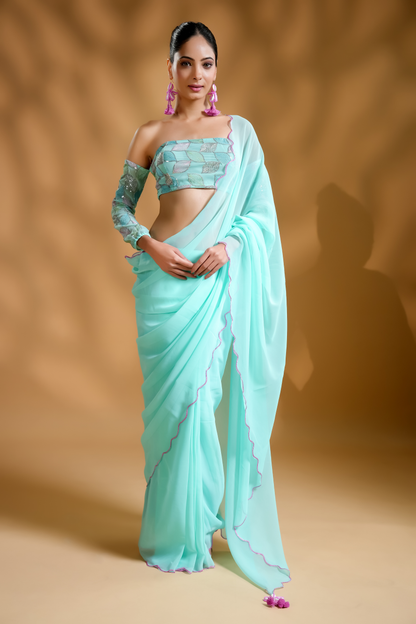 Aqua Blue Ready To Wear Saree With Embroidered Blouse Fabric