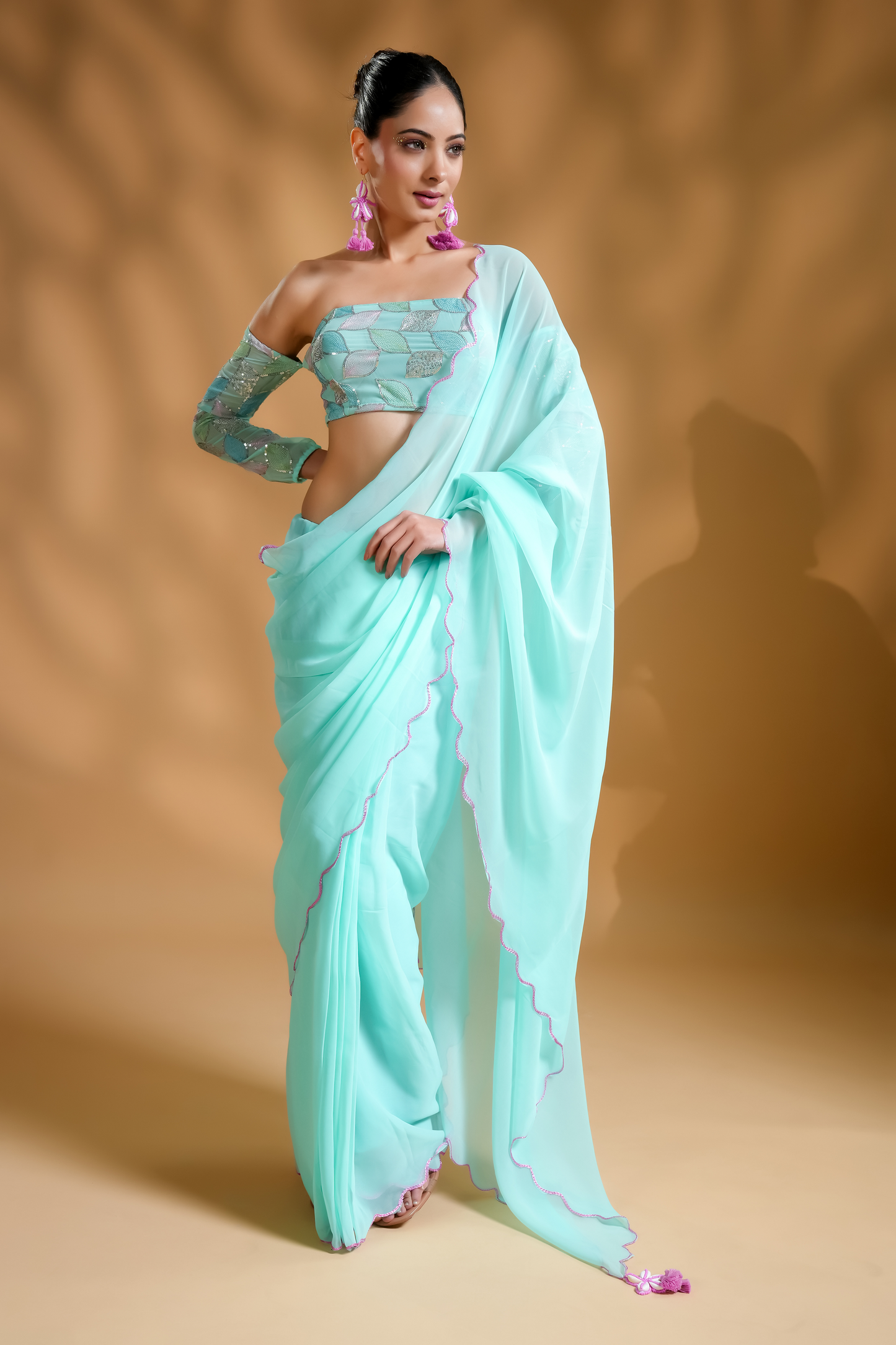 Aqua Blue Ready To Wear Saree With Embroidered Blouse Fabric