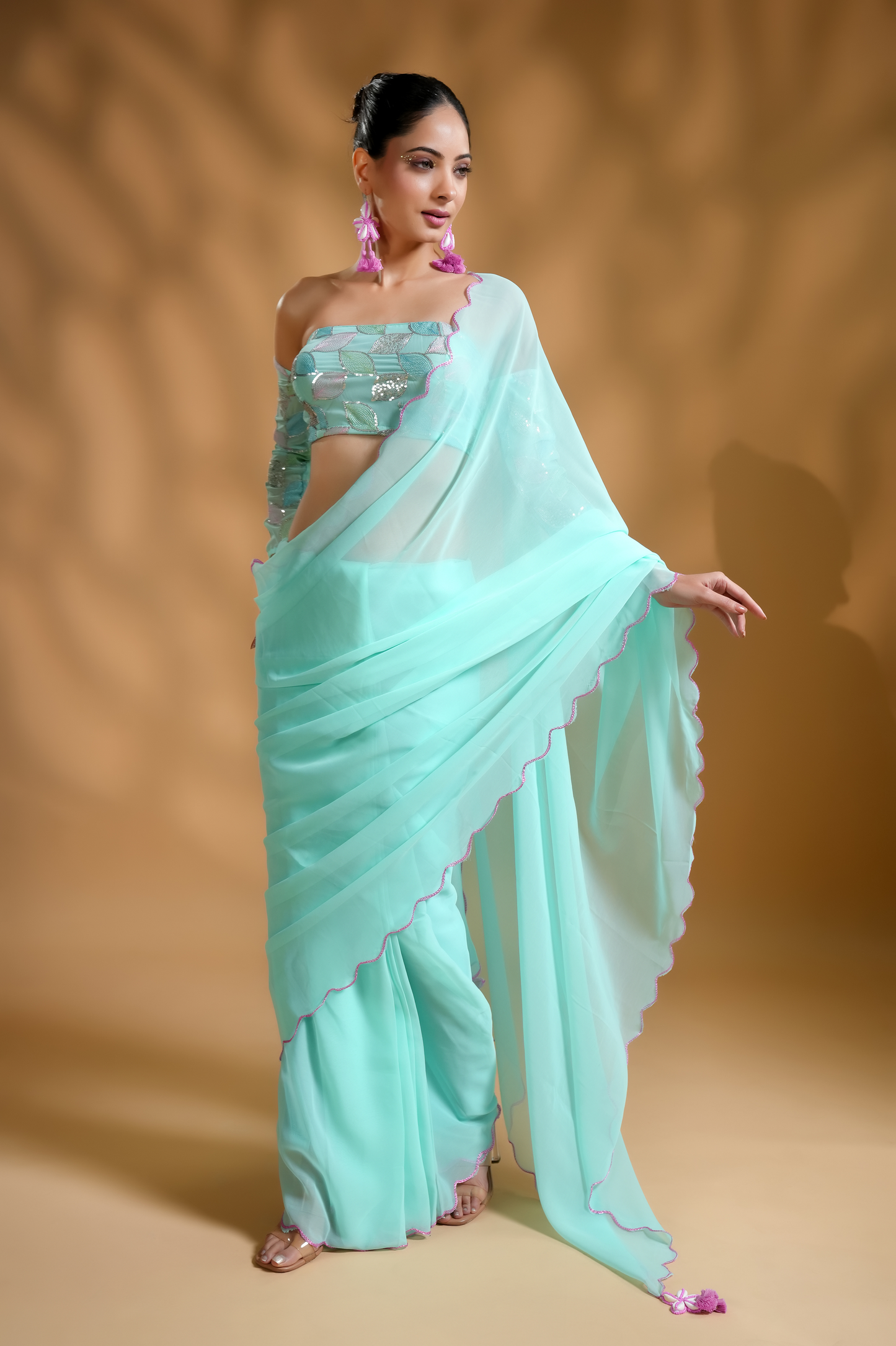 Aqua Blue Ready To Wear Saree With Embroidered Blouse Fabric