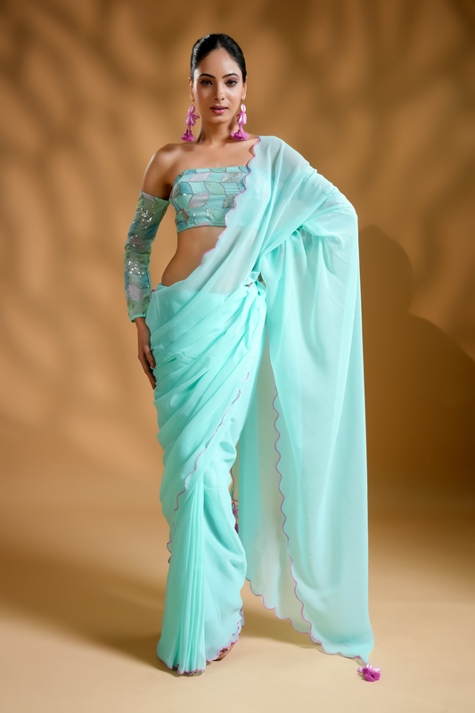 Aqua Blue Ready To Wear Saree With Embroidered Blouse Fabric