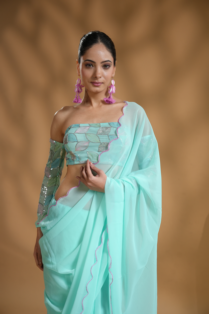 Aqua Blue Ready To Wear Saree With Embroidered Blouse Fabric