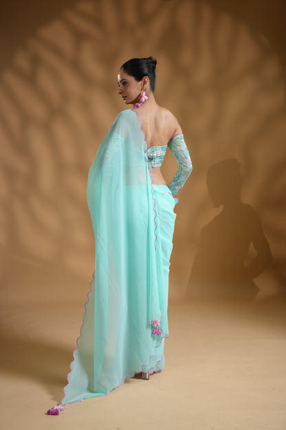 Aqua Blue Ready To Wear Saree With Embroidered Blouse Fabric