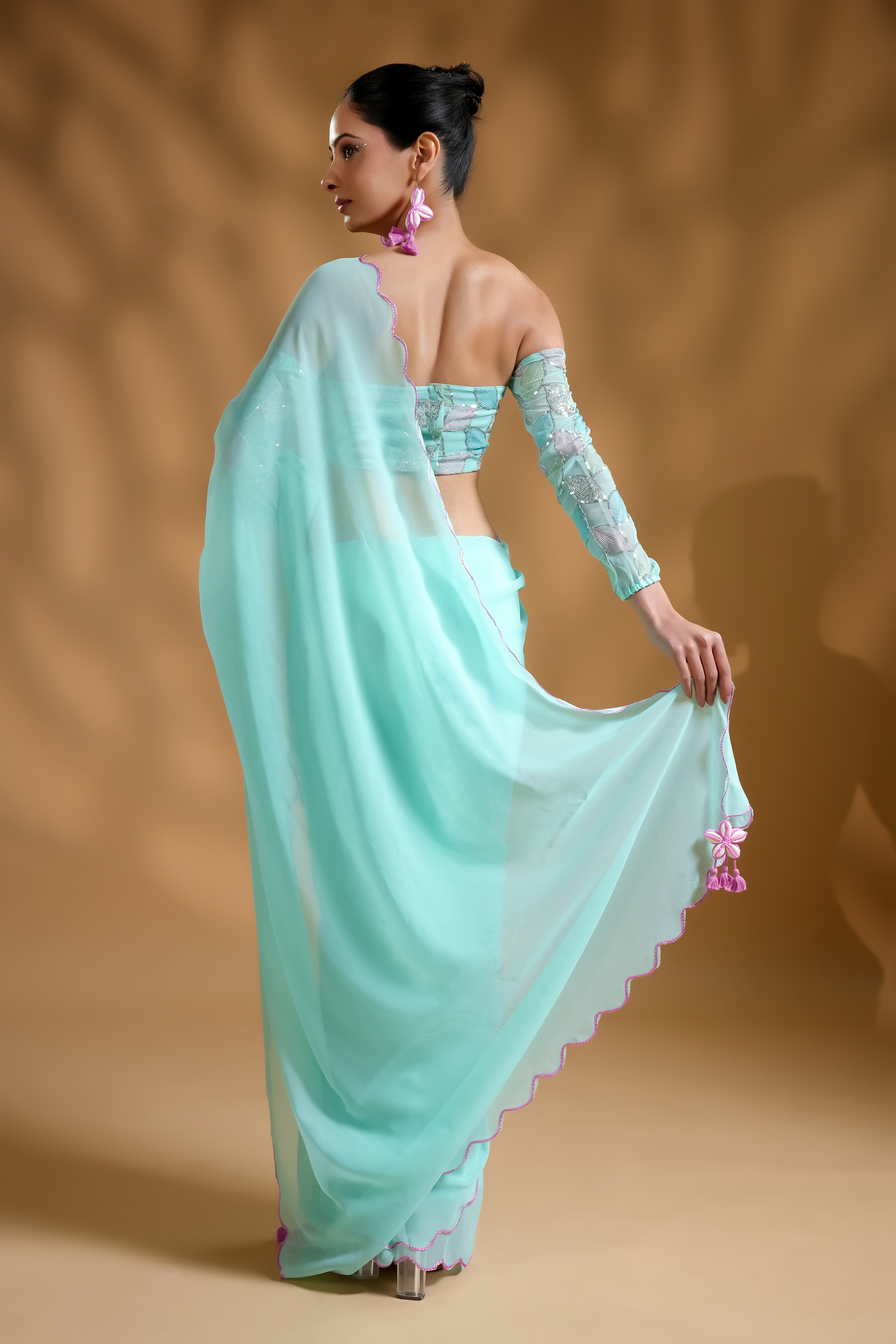 Aqua Blue Ready To Wear Saree With Embroidered Blouse Fabric