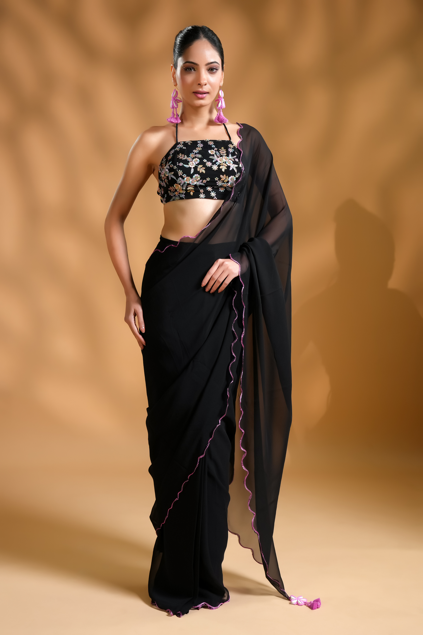 Regal Black Luxe Pre-Draped Saree with Embroidered Blouse Fabric and Tassels