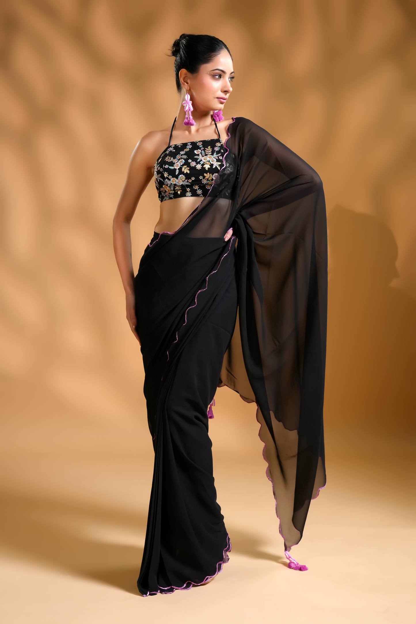 Regal Black Luxe Pre-Draped Saree with Embroidered Blouse Fabric and Tassels