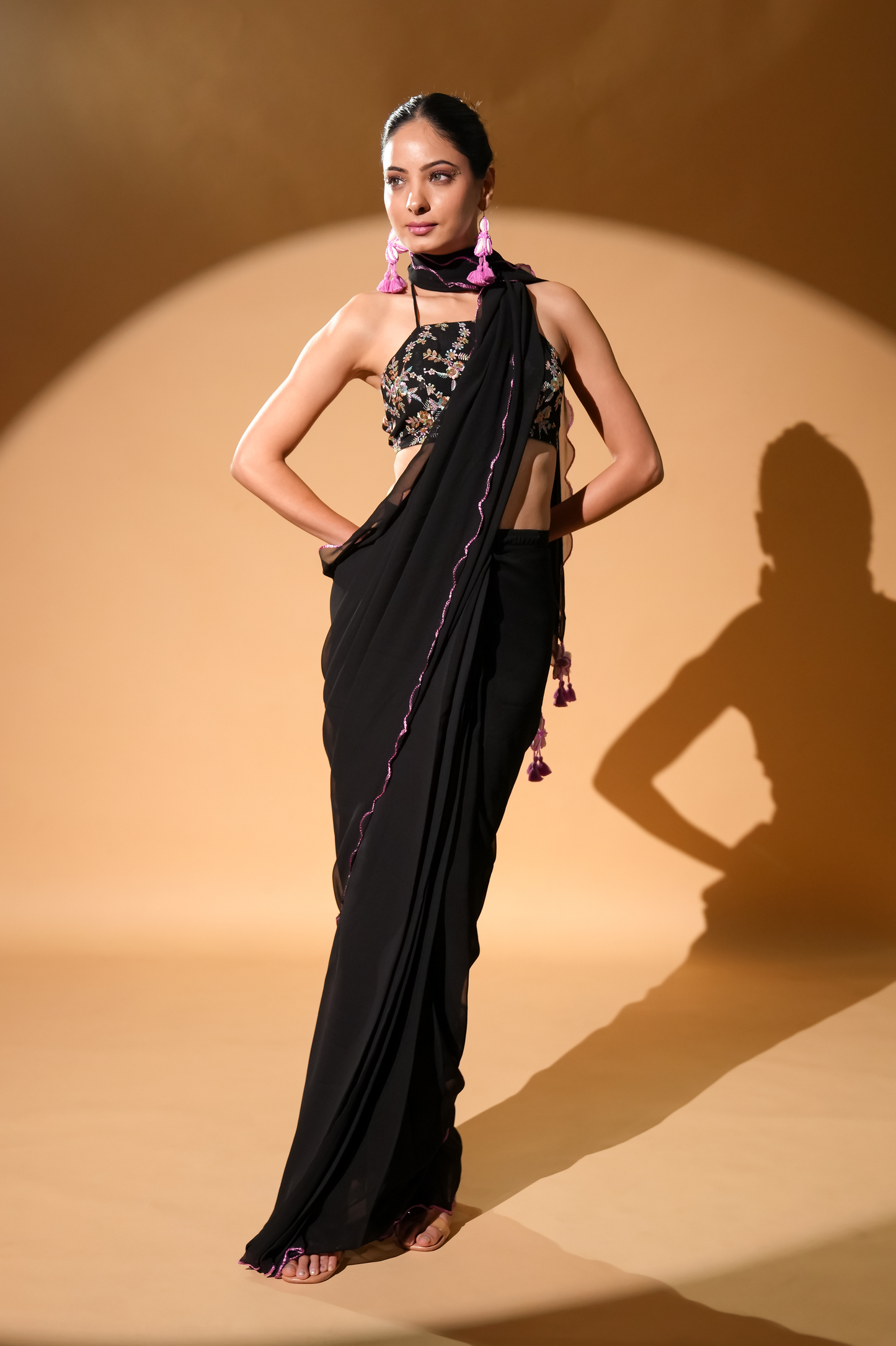 Regal Black Luxe Pre-Draped Saree with Embroidered Blouse Fabric and Tassels