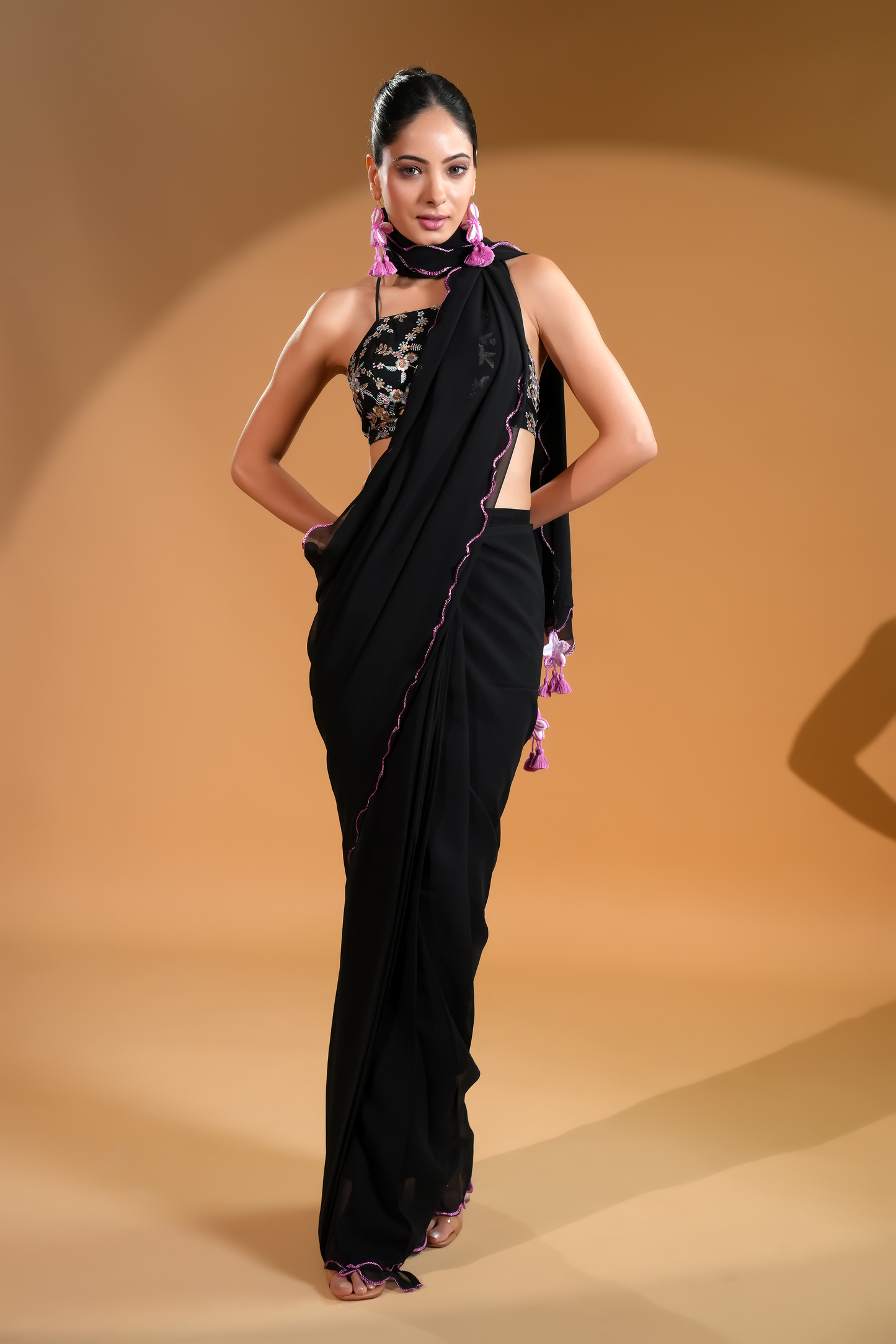 Regal Black Luxe Pre-Draped Saree with Embroidered Blouse Fabric and Tassels