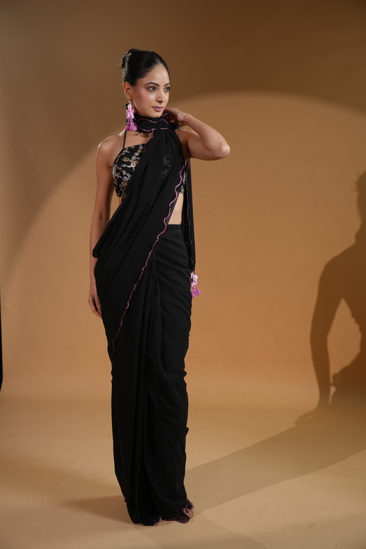 Regal Black Luxe Pre-Draped Saree with Embroidered Blouse Fabric and Tassels