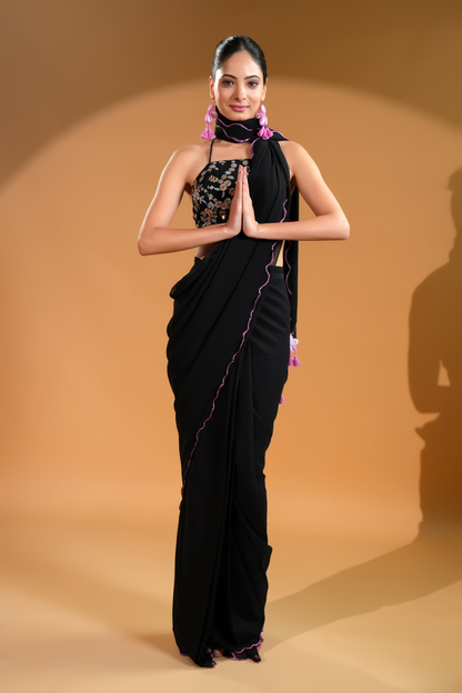 Regal Black Luxe Pre-Draped Saree with Embroidered Blouse Fabric and Tassels