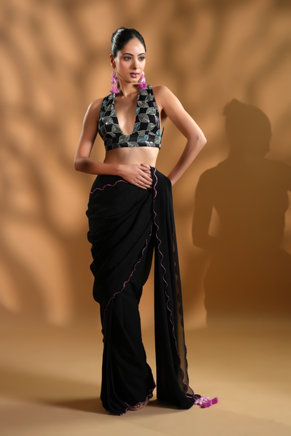 Gorgeous Black Ready to Wear Saree With Embroidered Blouse Fabric