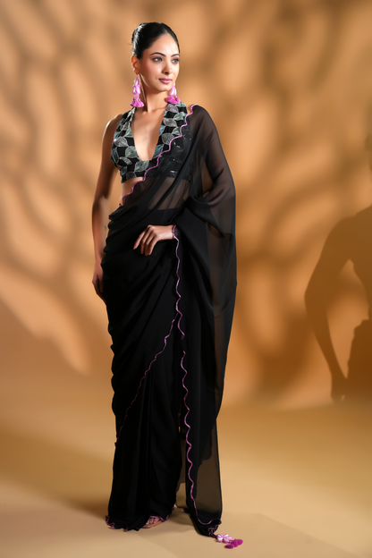 Gorgeous Black Ready to Wear Saree With Embroidered Blouse Fabric