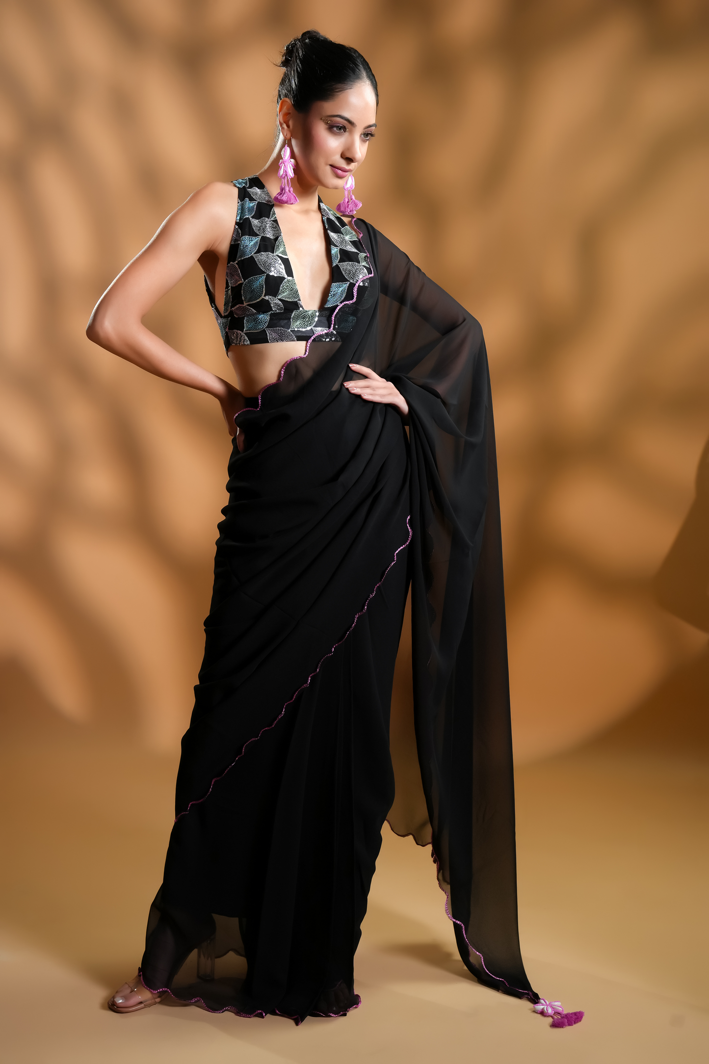 Gorgeous Black Ready to Wear Saree With Embroidered Blouse Fabric