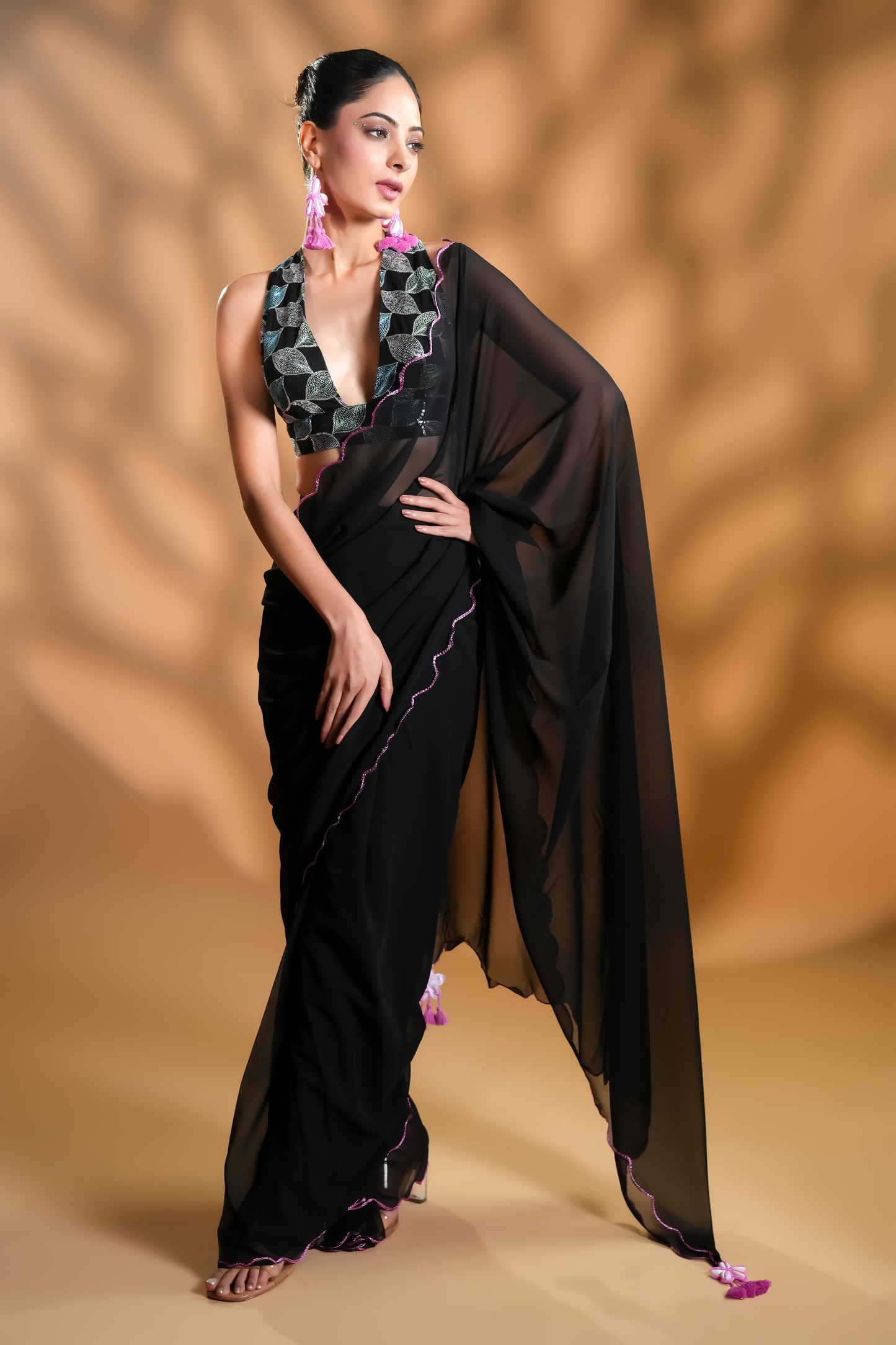 Gorgeous Black Ready to Wear Saree With Embroidered Blouse Fabric