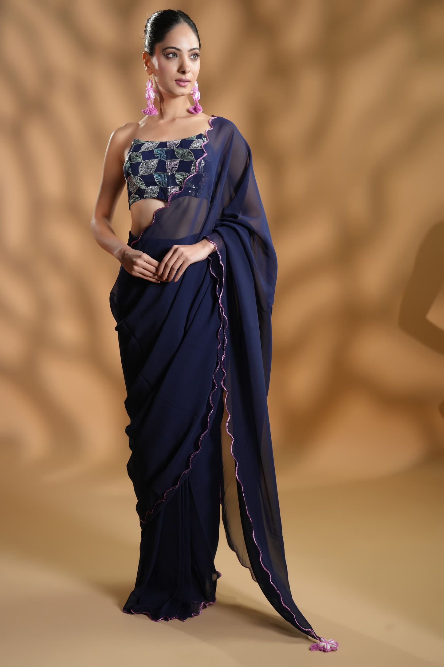 Navy Blue Premium Ready-to-Wear Saree With Embroidered Blouse Fabric