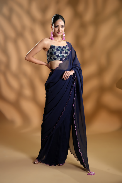 Navy Blue Premium Ready-to-Wear Saree With Embroidered Blouse Fabric