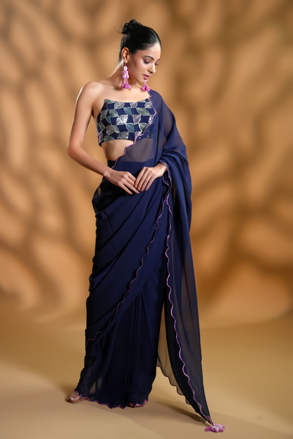 Navy Blue Premium Ready-to-Wear Saree With Embroidered Blouse Fabric