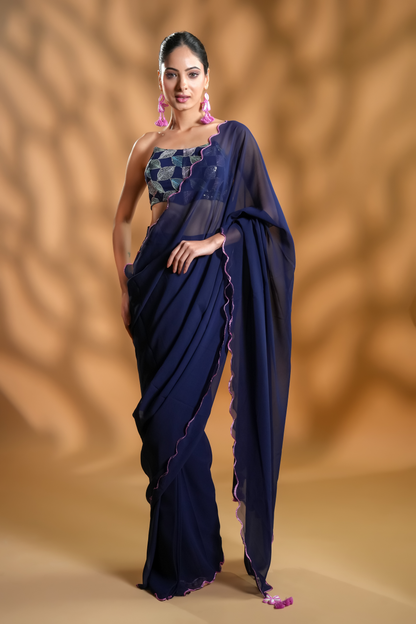 Navy Blue Premium Ready-to-Wear Saree With Embroidered Blouse Fabric