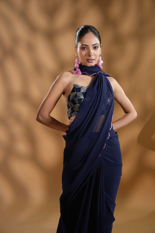 Navy Blue Premium Ready-to-Wear Saree With Embroidered Blouse Fabric