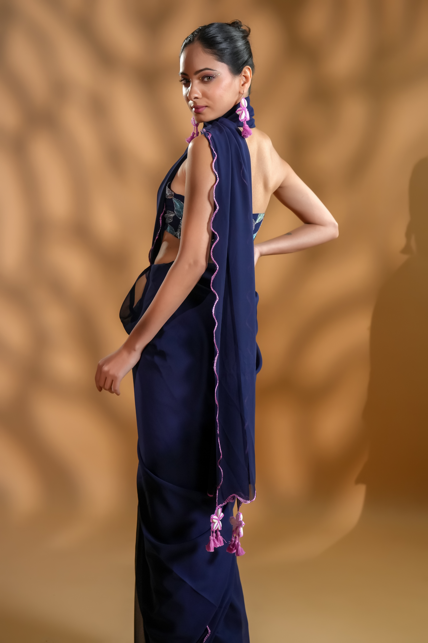 Navy Blue Premium Ready-to-Wear Saree With Embroidered Blouse Fabric