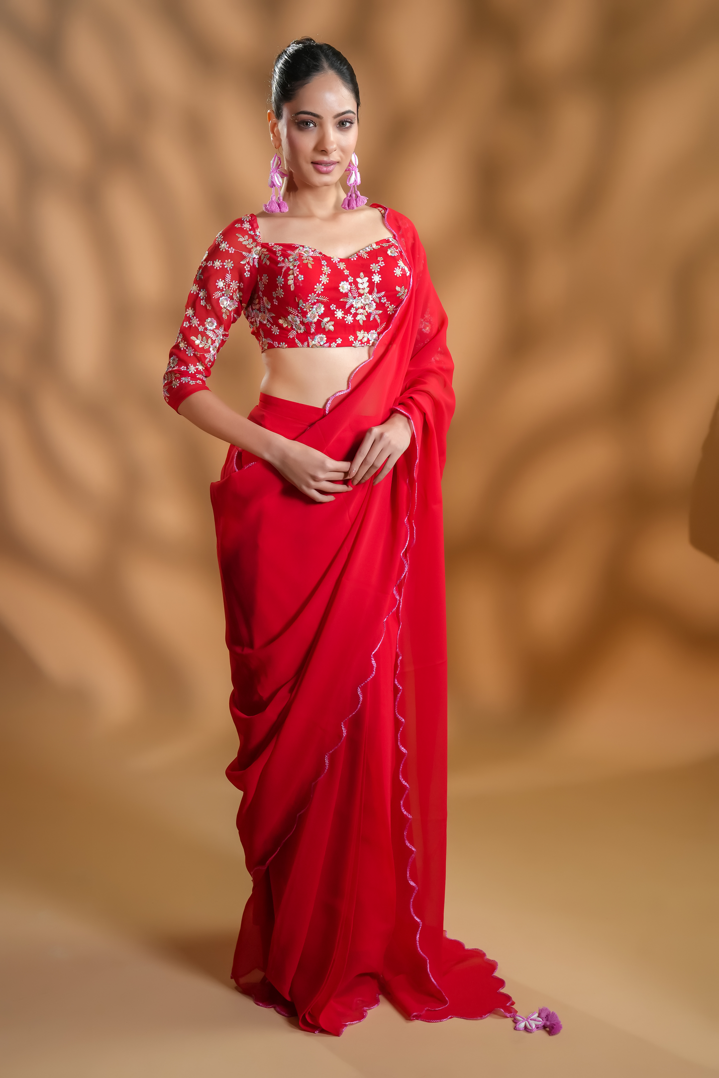 Red Georgette Ready To Wear Saree With Embroidered Blouse Fabric and Tassels