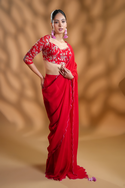 Red Georgette Ready To Wear Saree With Embroidered Blouse Fabric and Tassels