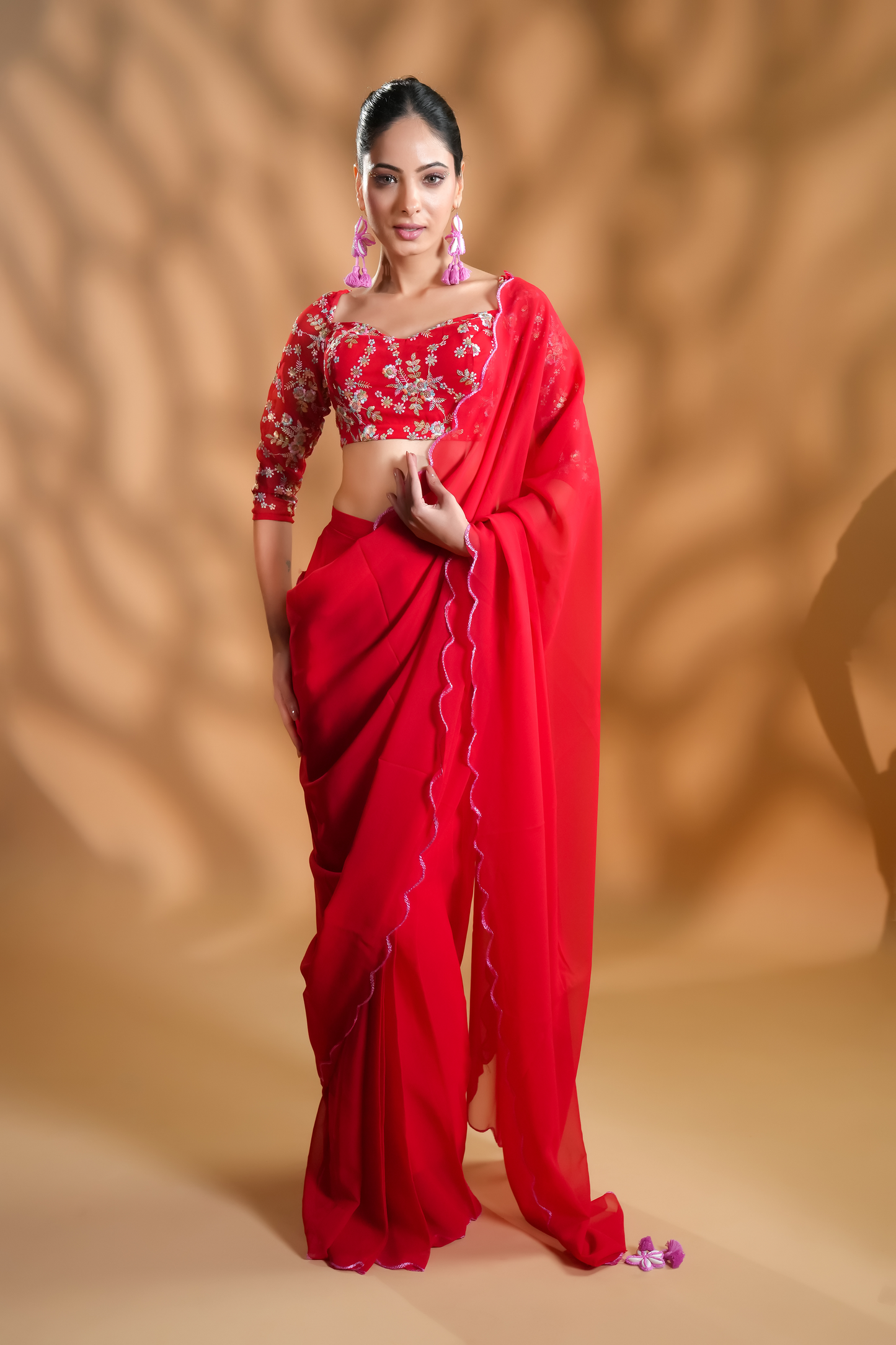 Red Georgette Ready To Wear Saree With Embroidered Blouse Fabric and Tassels