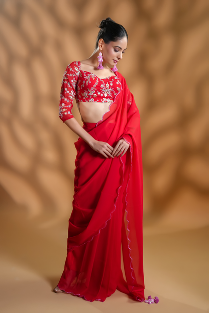 Red Georgette Ready To Wear Saree With Embroidered Blouse Fabric and Tassels