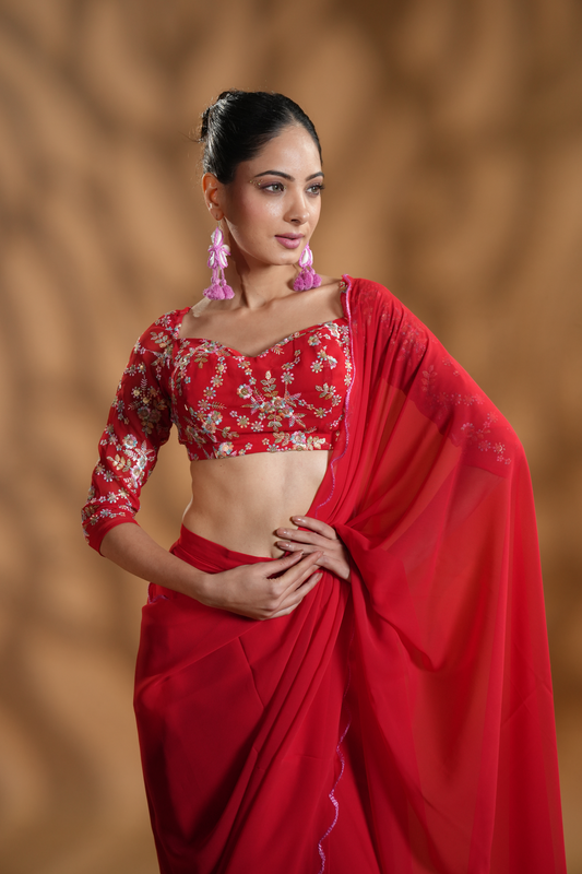 Red Georgette Ready To Wear Saree With Embroidered Blouse Fabric and Tassels