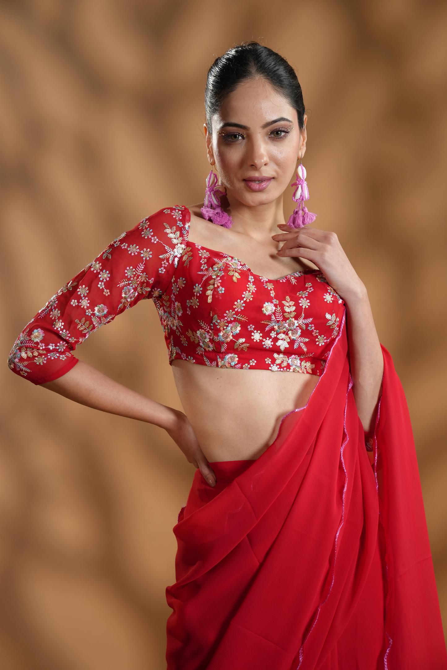 Red Georgette Ready To Wear Saree With Embroidered Blouse Fabric and Tassels