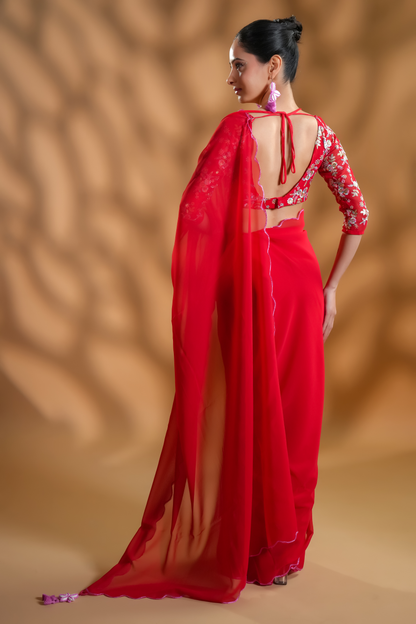 Red Georgette Ready To Wear Saree With Embroidered Blouse Fabric and Tassels