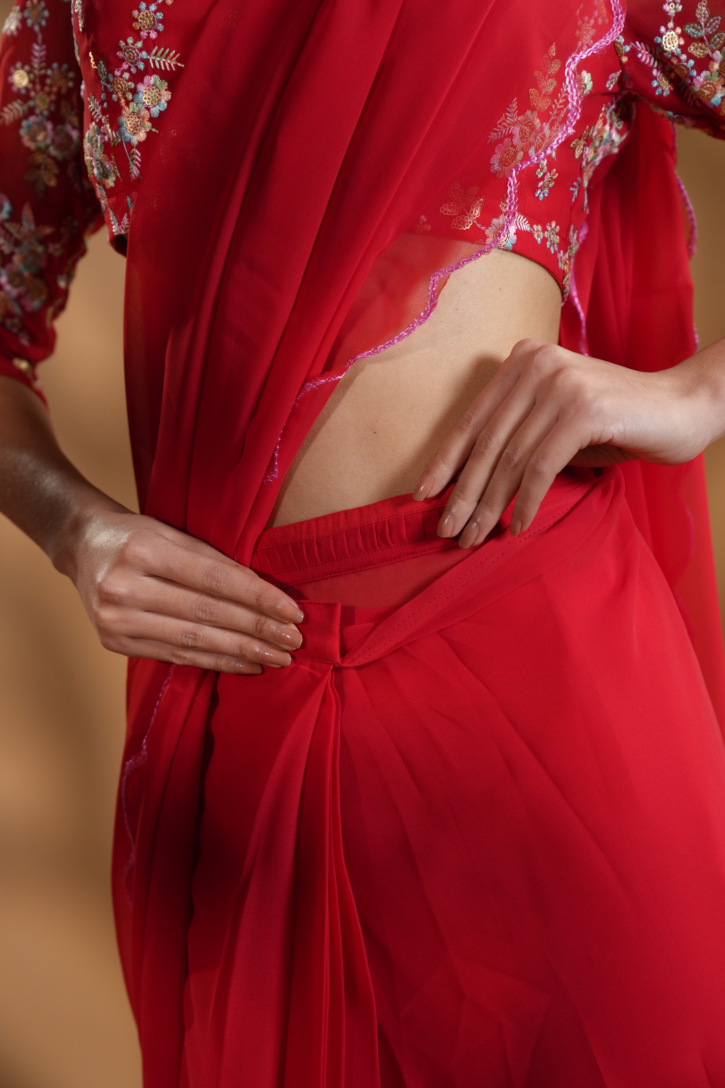 Red Georgette Ready To Wear Saree With Embroidered Blouse Fabric and Tassels