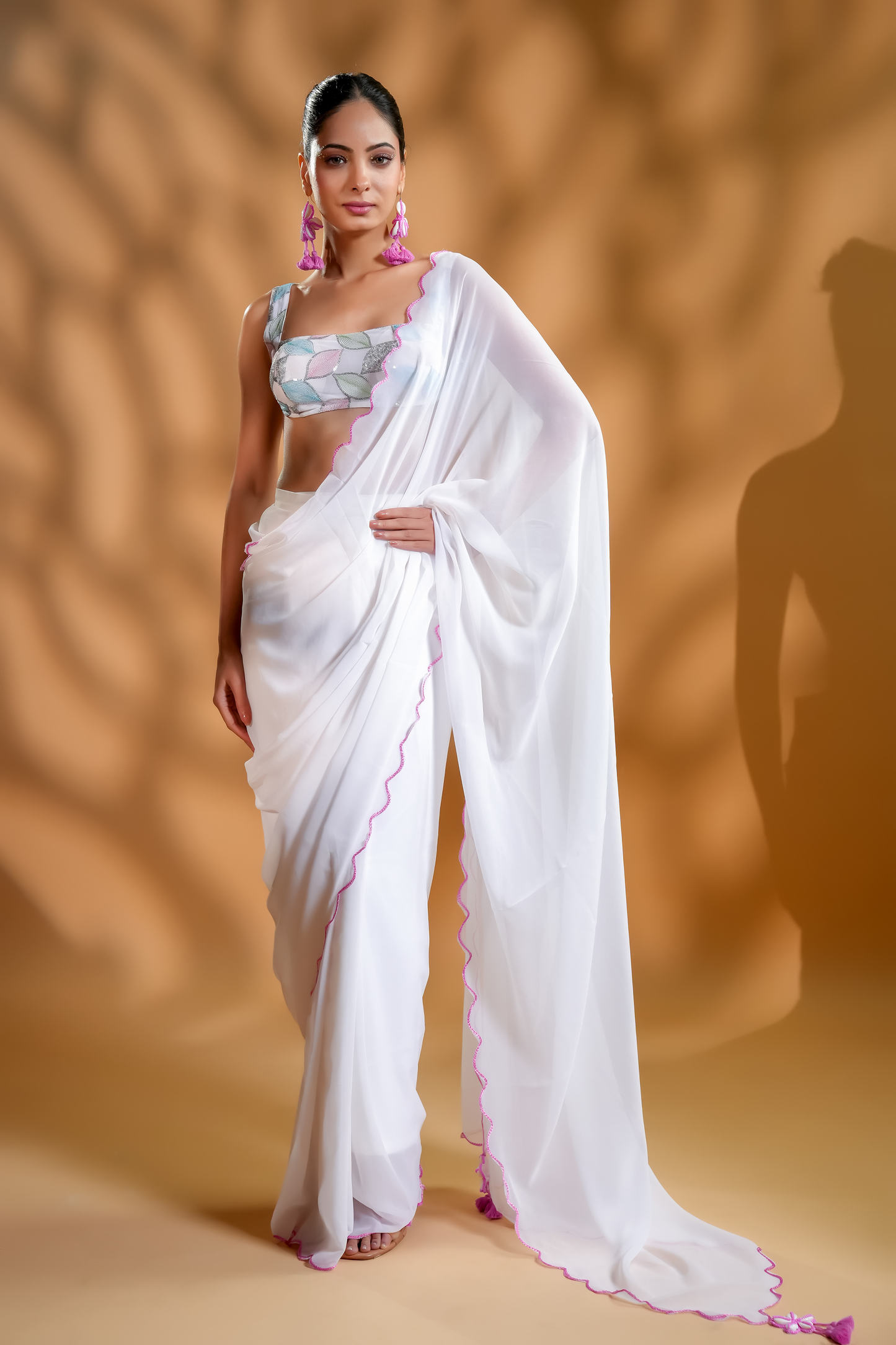 Serene White Ready To Wear Saree With Embroidered Blouse Fabric