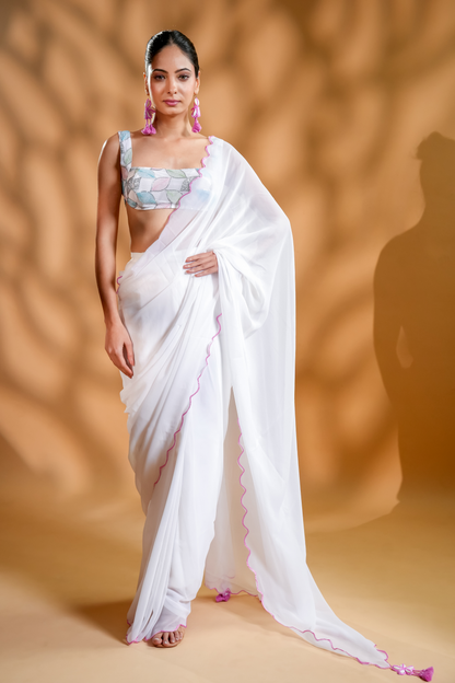 Serene White Ready To Wear Saree With Embroidered Blouse Fabric