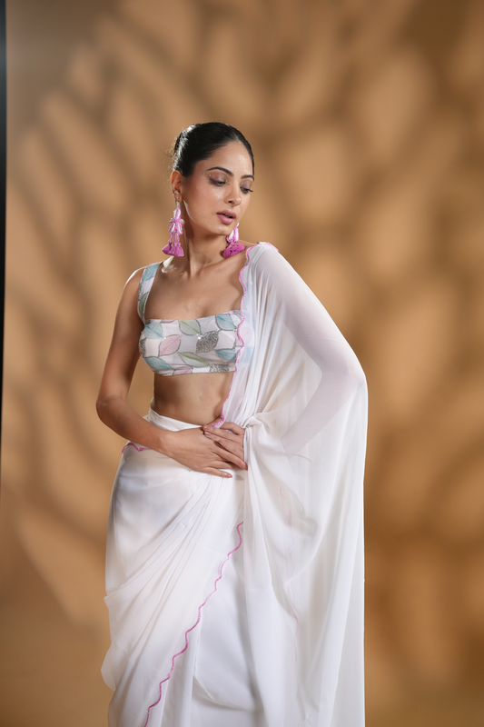 Serene White Ready To Wear Saree With Embroidered Blouse Fabric