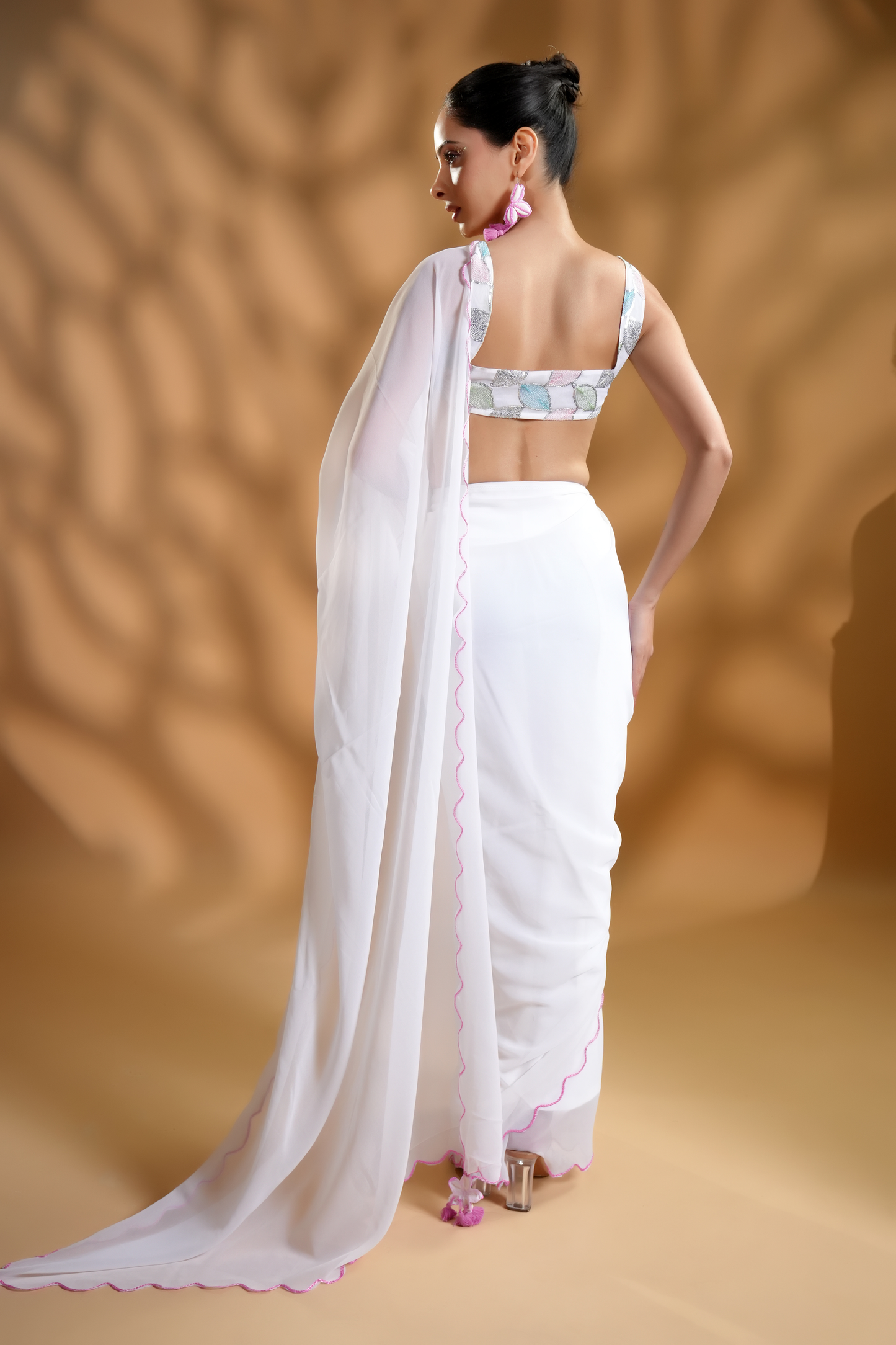 Serene White Ready To Wear Saree With Embroidered Blouse Fabric