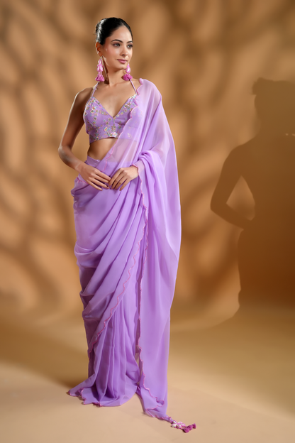 Lavender Georgette Ready To Wear Saree with Embroidered Blouse Fabric and Tassels