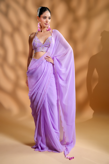 Lavender Georgette Ready To Wear Saree with Embroidered Blouse Fabric and Tassels