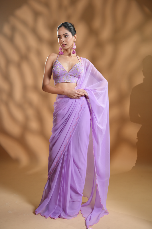 Lavender Georgette Ready To Wear Saree with Embroidered Blouse Fabric and Tassels