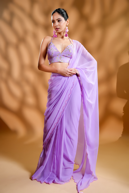 Lavender Georgette Ready To Wear Saree with Embroidered Blouse Fabric and Tassels