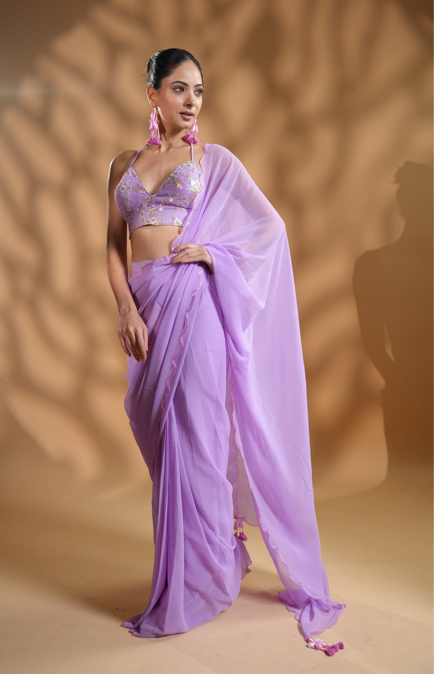 Lavender Georgette Ready To Wear Saree with Embroidered Blouse Fabric and Tassels