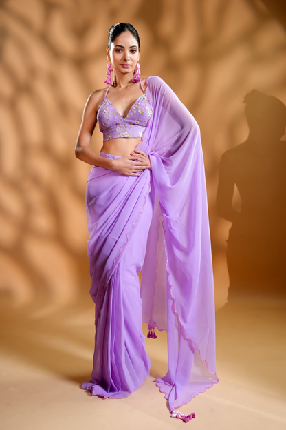 Lavender Georgette Ready To Wear Saree with Embroidered Blouse Fabric and Tassels