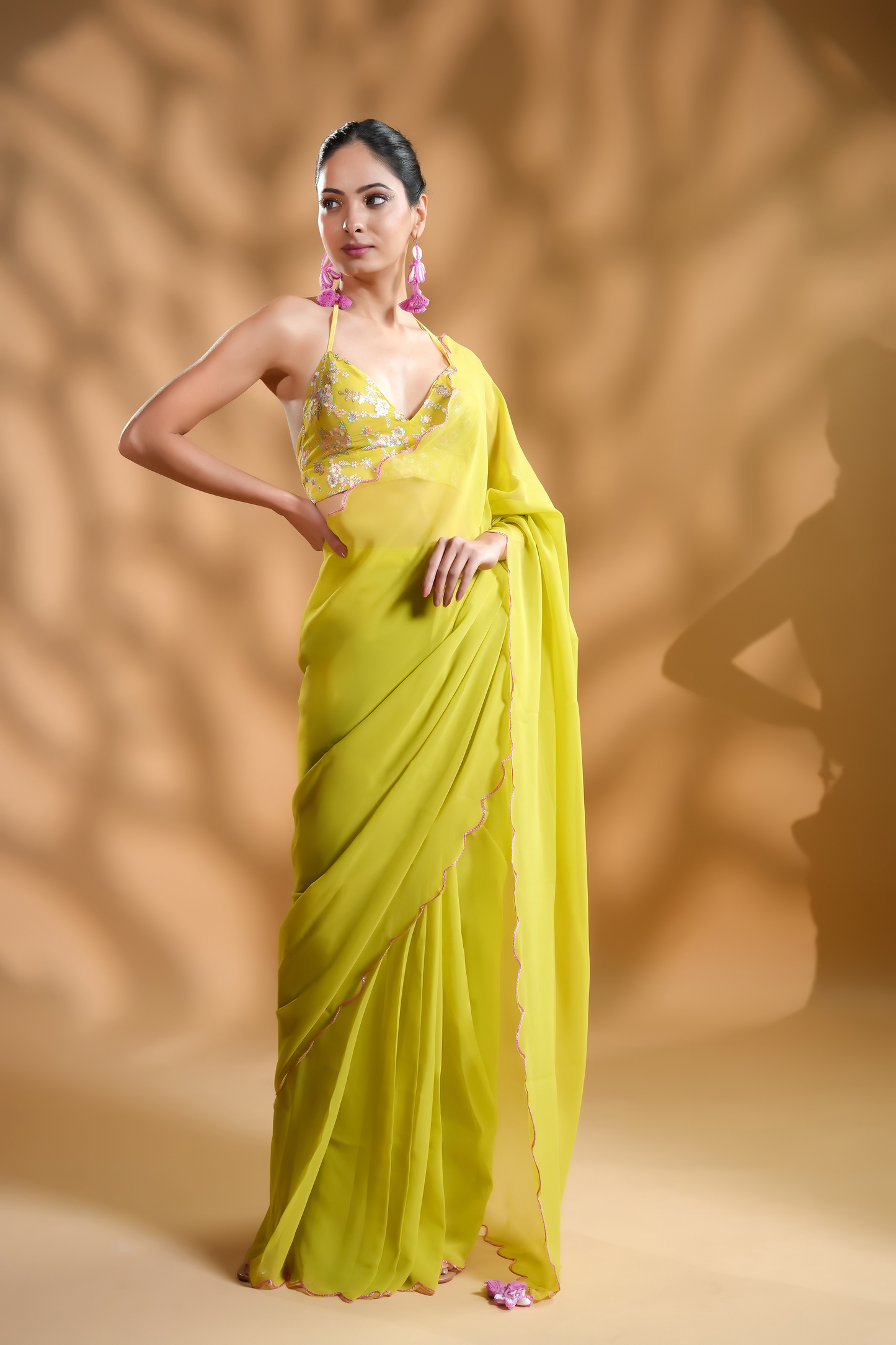 Radiant Georgette Ready to Wear Saree with Embroidered Blouse Fabric and Tassels