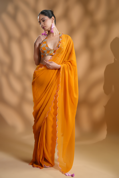 Chic Mustard Ready to Wear Saree with Embroidered Blouse Fabric