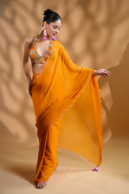 Chic Mustard Ready to Wear Saree with Embroidered Blouse Fabric